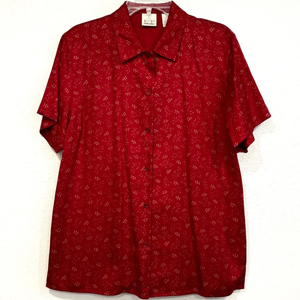 EP Pro Golf Blouse Button Up 100% Silk Red Print Top Short Sleeve Womens Size XL